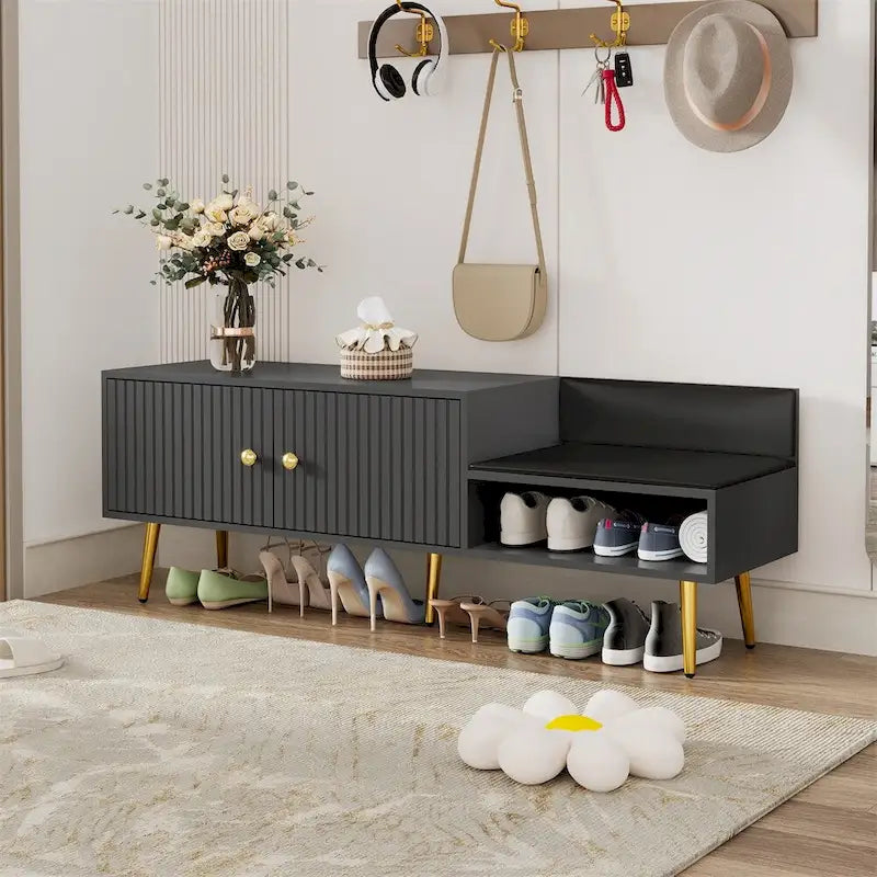 Modern Shoe Storage Bench with Hidden Storage and Upholstered Cushions