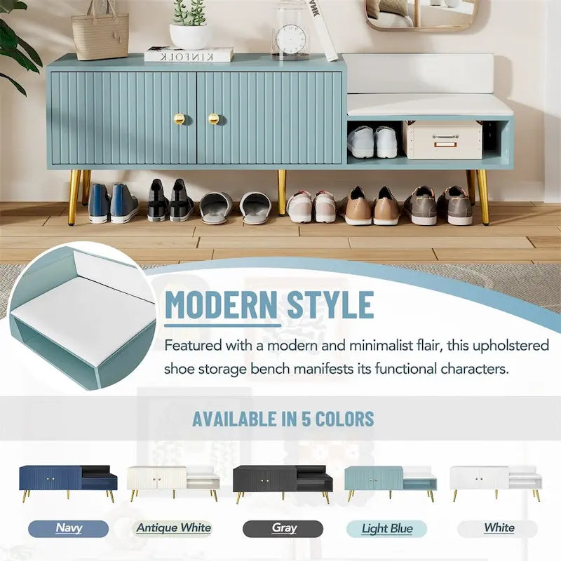 Modern Shoe Storage Bench with Hidden Storage and Upholstered Cushions