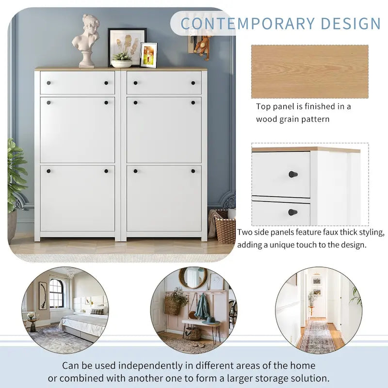 Slim Tipping Bucket Shoe Cabinet Set with 4 Flip Drawers, Wood Grain Pattern Top Shoe Storage Solution with Adjustable Panel