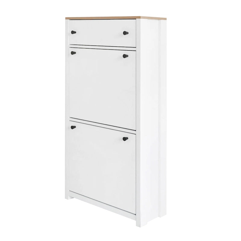Slim Tipping Bucket Shoe Cabinet Set with 4 Flip Drawers, Wood Grain Pattern Top Shoe Storage Solution with Adjustable Panel