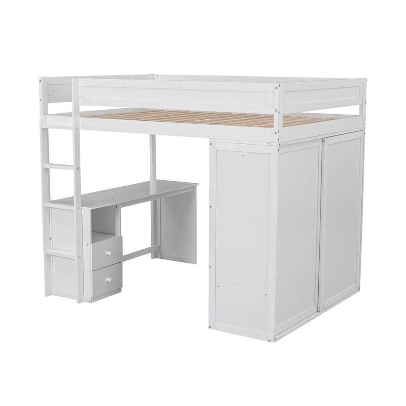 Wood Full Size Loft Bed with Wardrobes and 2-Drawer Desk w/Cabinet