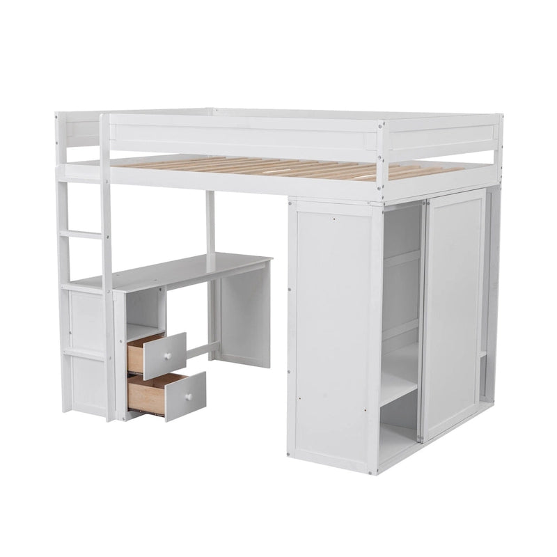 Wood Full Size Loft Bed with Wardrobes and 2-Drawer Desk w/Cabinet