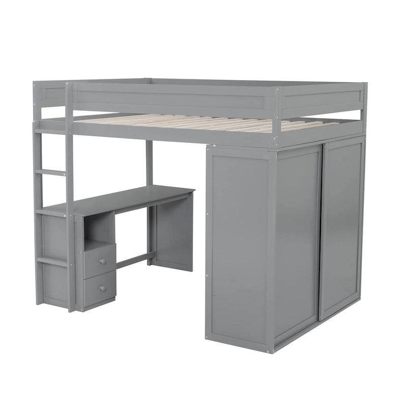 Wood Full Size Loft Bed with Wardrobes and 2-Drawer Desk w/Cabinet