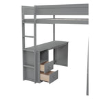 Wood Full Size Loft Bed with Wardrobes and 2-Drawer Desk w/Cabinet