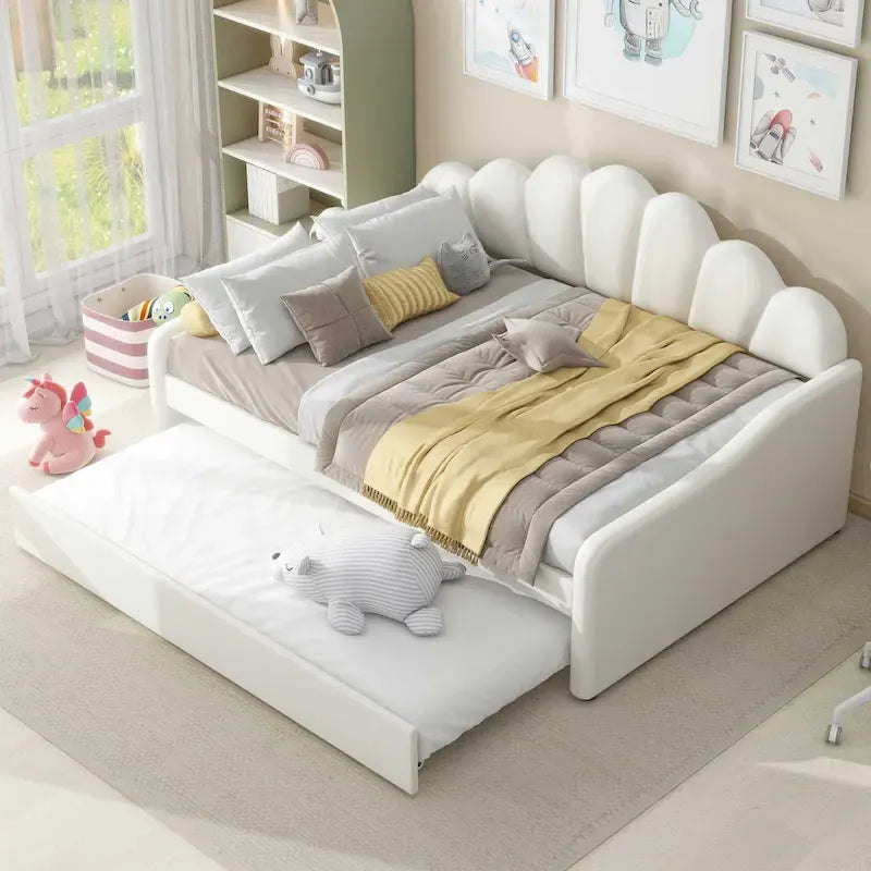 Full Size Daybed Upholstery Frame Sofa Bed with Shell-shape Backrest & Pull-out Trundle, Velvet Sleeper Sofa Bed for Living Room