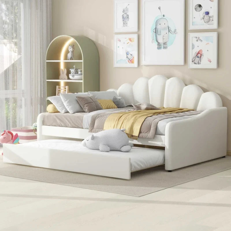 Full Size Daybed Upholstery Frame Sofa Bed with Shell-shape Backrest & Pull-out Trundle, Velvet Sleeper Sofa Bed for Living Room
