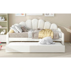 Full Size Daybed Upholstery Frame Sofa Bed with Shell-shape Backrest & Pull-out Trundle, Velvet Sleeper Sofa Bed for Living Room
