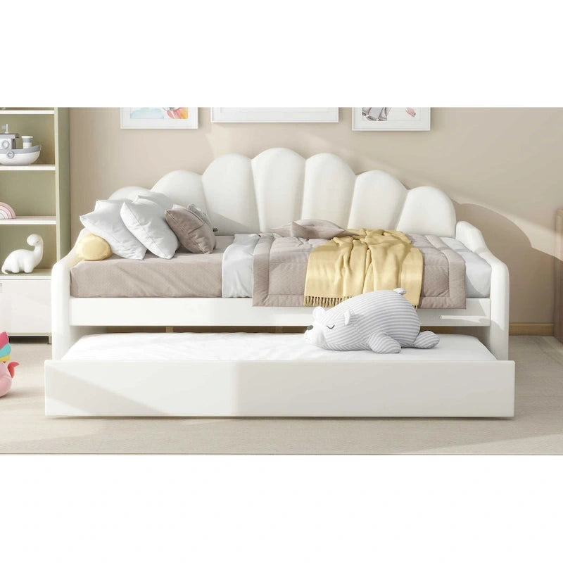 Full Size Daybed Upholstery Frame Sofa Bed with Shell-shape Backrest & Pull-out Trundle, Velvet Sleeper Sofa Bed for Living Room