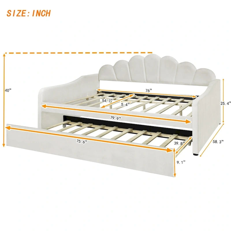 Full Size Daybed Upholstery Frame Sofa Bed with Shell-shape Backrest & Pull-out Trundle, Velvet Sleeper Sofa Bed for Living Room