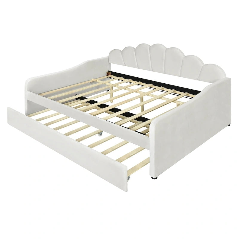 Full Size Daybed Upholstery Frame Sofa Bed with Shell-shape Backrest & Pull-out Trundle, Velvet Sleeper Sofa Bed for Living Room