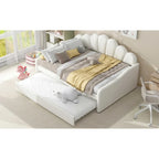 Full Size Daybed Upholstery Frame Sofa Bed with Shell-shape Backrest & Pull-out Trundle, Velvet Sleeper Sofa Bed for Living Room