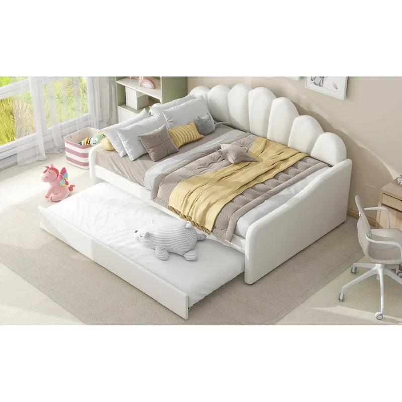 Full Size Daybed Upholstery Frame Sofa Bed with Shell-shape Backrest & Pull-out Trundle, Velvet Sleeper Sofa Bed for Living Room