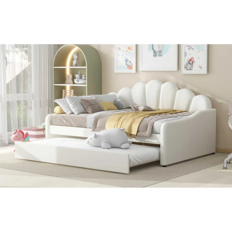 Full Size Daybed Upholstery Frame Sofa Bed with Shell-shape Backrest & Pull-out Trundle, Velvet Sleeper Sofa Bed for Living Room
