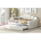Full Size Daybed Upholstery Frame Sofa Bed with Shell-shape Backrest & Pull-out Trundle, Velvet Sleeper Sofa Bed for Living Room