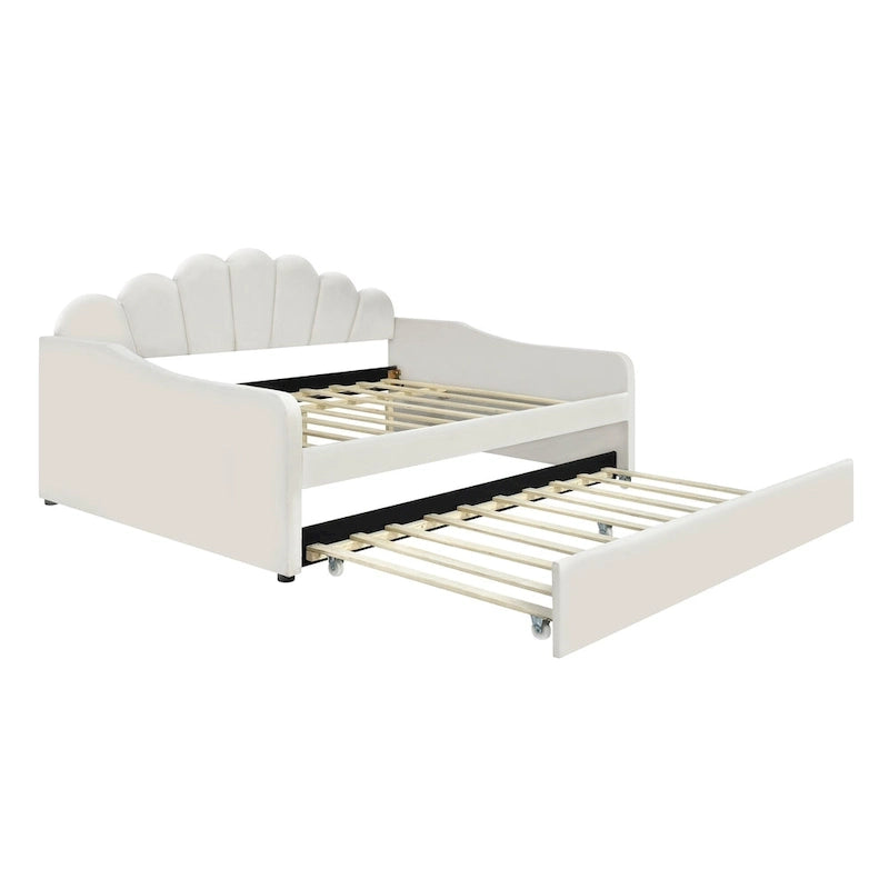 Full Size Daybed Upholstery Frame Sofa Bed with Shell-shape Backrest & Pull-out Trundle, Velvet Sleeper Sofa Bed for Living Room