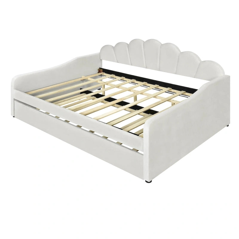 Full Size Daybed Upholstery Frame Sofa Bed with Shell-shape Backrest & Pull-out Trundle, Velvet Sleeper Sofa Bed for Living Room
