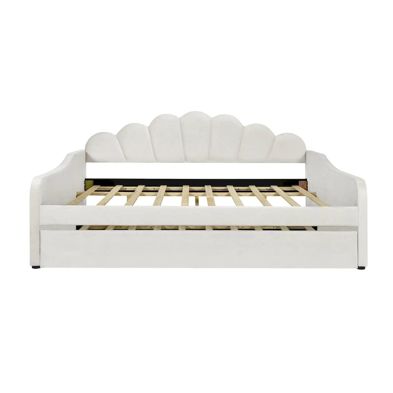 Full Size Daybed Upholstery Frame Sofa Bed with Shell-shape Backrest & Pull-out Trundle, Velvet Sleeper Sofa Bed for Living Room