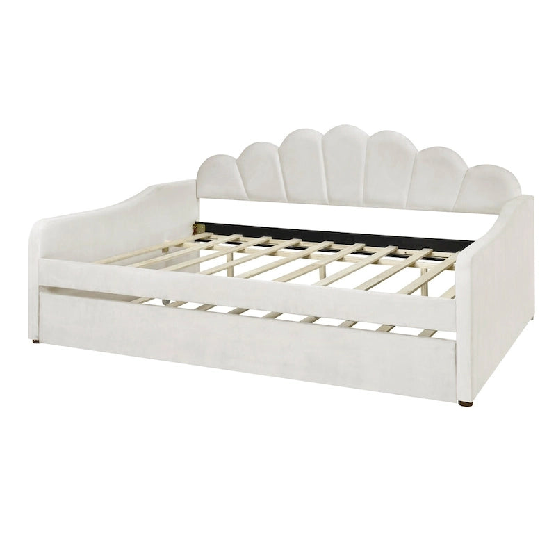 Full Size Daybed Upholstery Frame Sofa Bed with Shell-shape Backrest & Pull-out Trundle, Velvet Sleeper Sofa Bed for Living Room