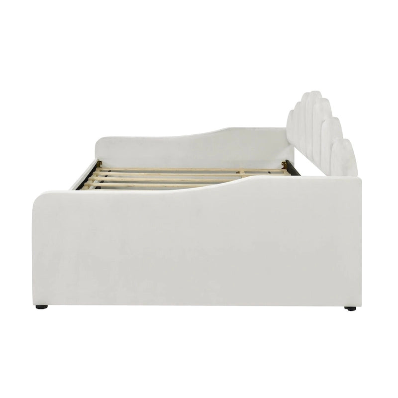 Full Size Daybed Upholstery Frame Sofa Bed with Shell-shape Backrest & Pull-out Trundle, Velvet Sleeper Sofa Bed for Living Room