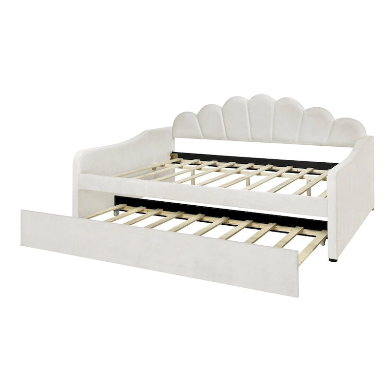 Full Size Daybed Upholstery Frame Sofa Bed with Shell-shape Backrest & Pull-out Trundle, Velvet Sleeper Sofa Bed for Living Room