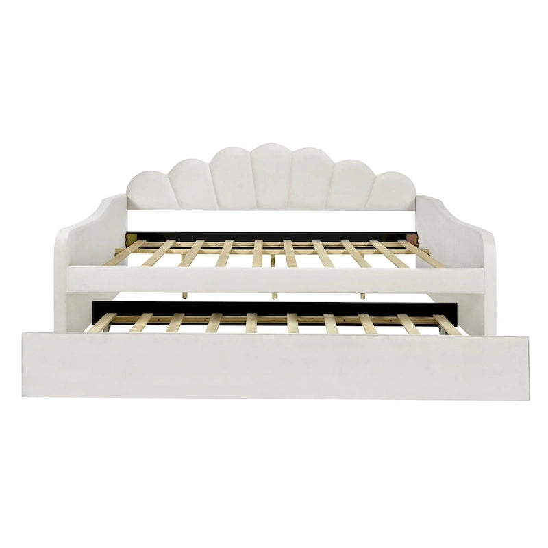 Full Size Daybed Upholstery Frame Sofa Bed with Shell-shape Backrest & Pull-out Trundle, Velvet Sleeper Sofa Bed for Living Room