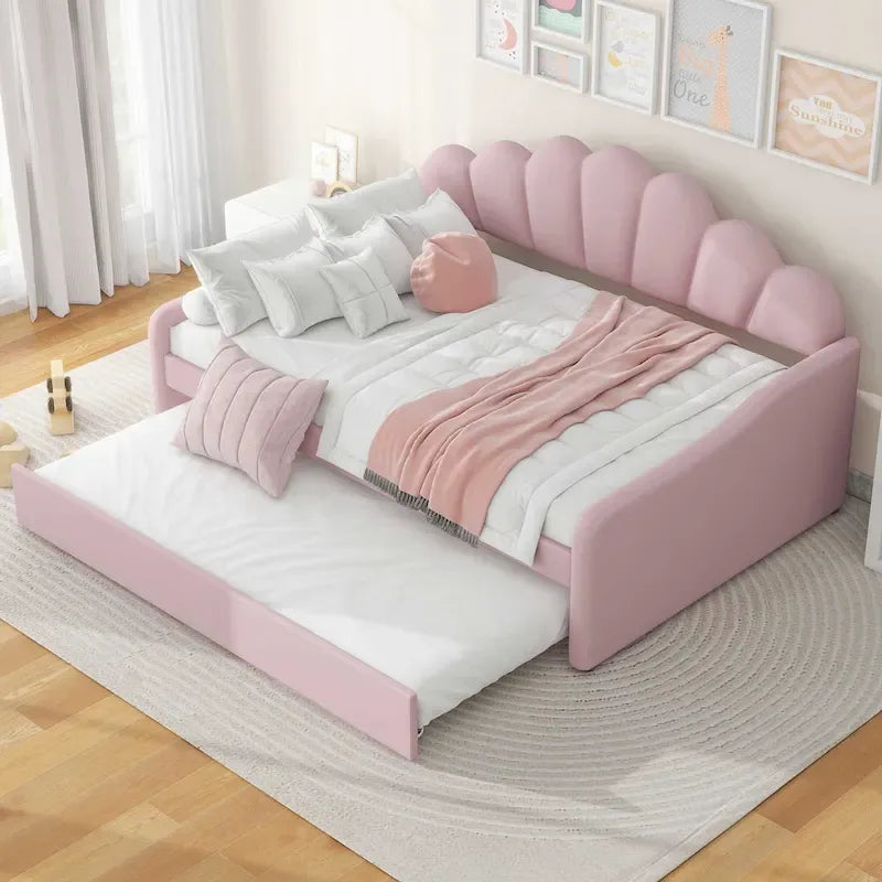 Full Size Daybed Upholstery Frame Sofa Bed with Shell-shape Backrest & Pull-out Trundle, Velvet Sleeper Sofa Bed for Living Room