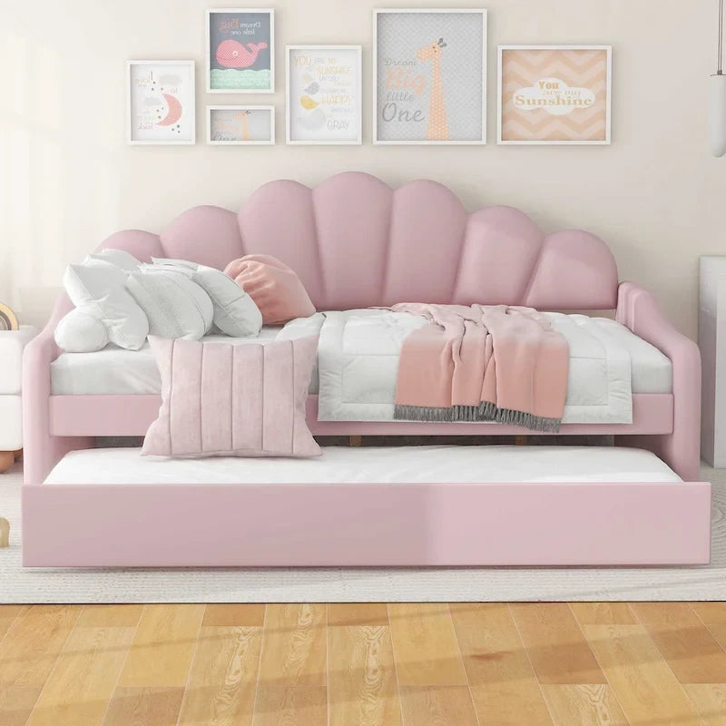 Full Size Daybed Upholstery Frame Sofa Bed with Shell-shape Backrest & Pull-out Trundle, Velvet Sleeper Sofa Bed for Living Room