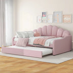 Full Size Daybed Upholstery Frame Sofa Bed with Shell-shape Backrest & Pull-out Trundle, Velvet Sleeper Sofa Bed for Living Room
