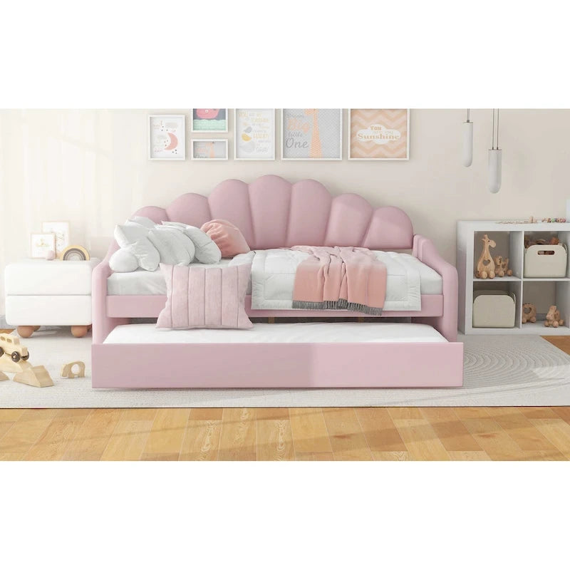 Full Size Daybed Upholstery Frame Sofa Bed with Shell-shape Backrest & Pull-out Trundle, Velvet Sleeper Sofa Bed for Living Room
