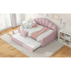 Full Size Daybed Upholstery Frame Sofa Bed with Shell-shape Backrest & Pull-out Trundle, Velvet Sleeper Sofa Bed for Living Room