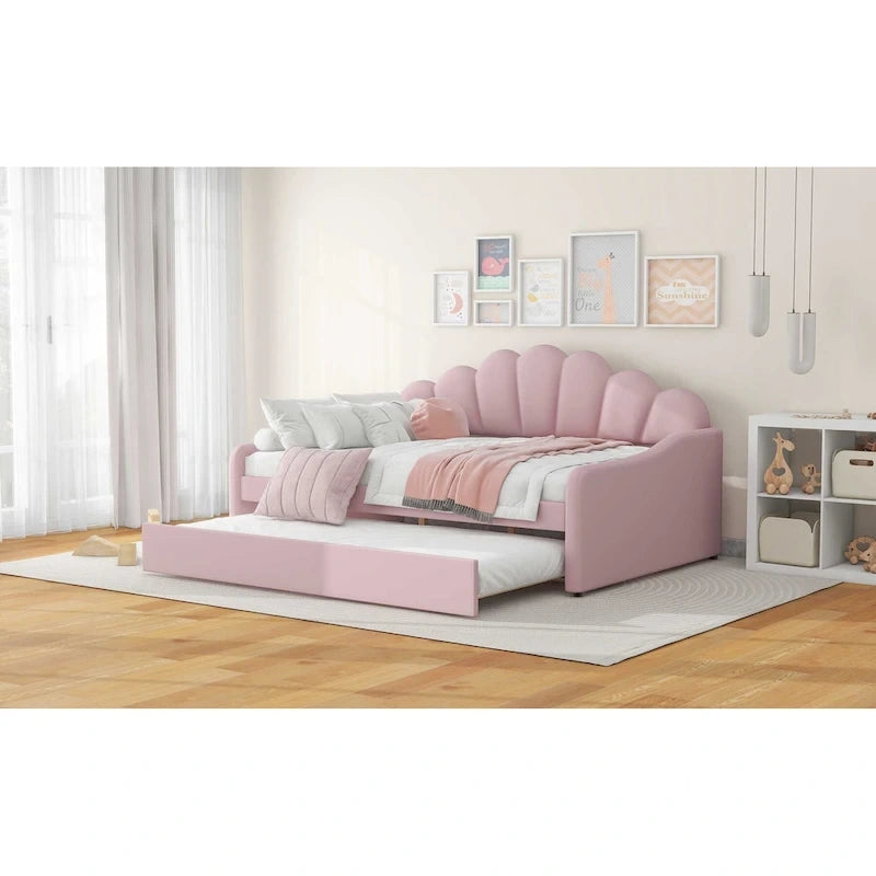 Full Size Daybed Upholstery Frame Sofa Bed with Shell-shape Backrest & Pull-out Trundle, Velvet Sleeper Sofa Bed for Living Room