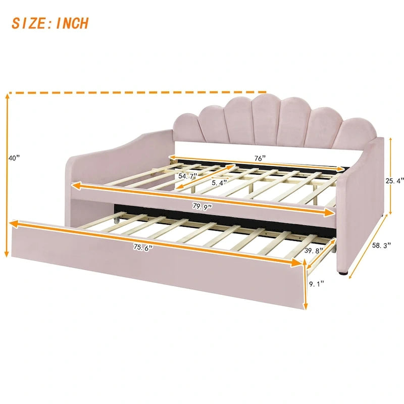 Full Size Daybed Upholstery Frame Sofa Bed with Shell-shape Backrest & Pull-out Trundle, Velvet Sleeper Sofa Bed for Living Room