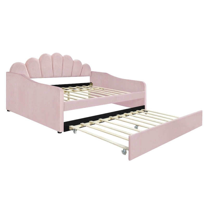Full Size Daybed Upholstery Frame Sofa Bed with Shell-shape Backrest & Pull-out Trundle, Velvet Sleeper Sofa Bed for Living Room