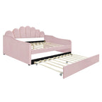 Full Size Daybed Upholstery Frame Sofa Bed with Shell-shape Backrest & Pull-out Trundle, Velvet Sleeper Sofa Bed for Living Room