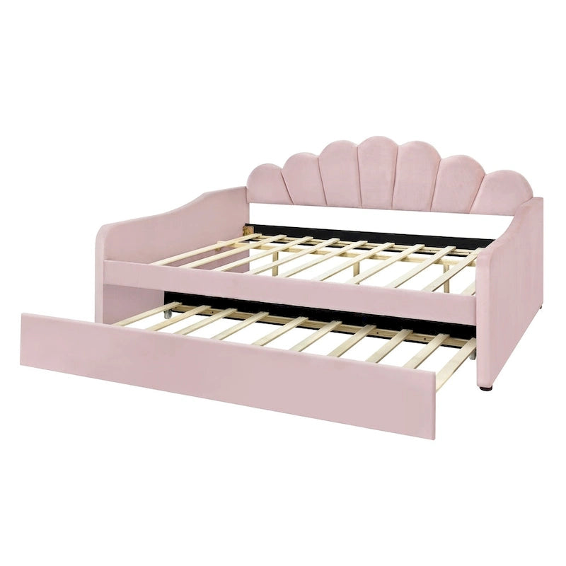 Full Size Daybed Upholstery Frame Sofa Bed with Shell-shape Backrest & Pull-out Trundle, Velvet Sleeper Sofa Bed for Living Room