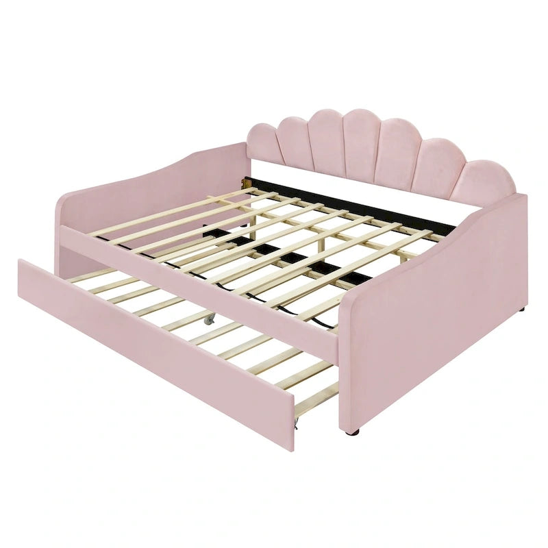 Full Size Daybed Upholstery Frame Sofa Bed with Shell-shape Backrest & Pull-out Trundle, Velvet Sleeper Sofa Bed for Living Room