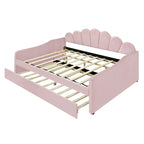 Full Size Daybed Upholstery Frame Sofa Bed with Shell-shape Backrest & Pull-out Trundle, Velvet Sleeper Sofa Bed for Living Room
