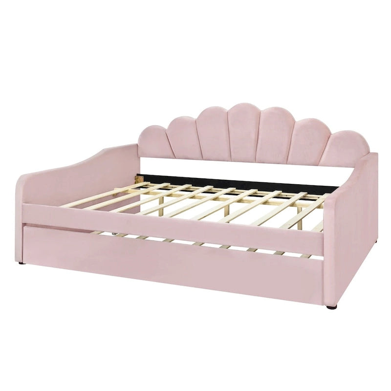 Full Size Daybed Upholstery Frame Sofa Bed with Shell-shape Backrest & Pull-out Trundle, Velvet Sleeper Sofa Bed for Living Room
