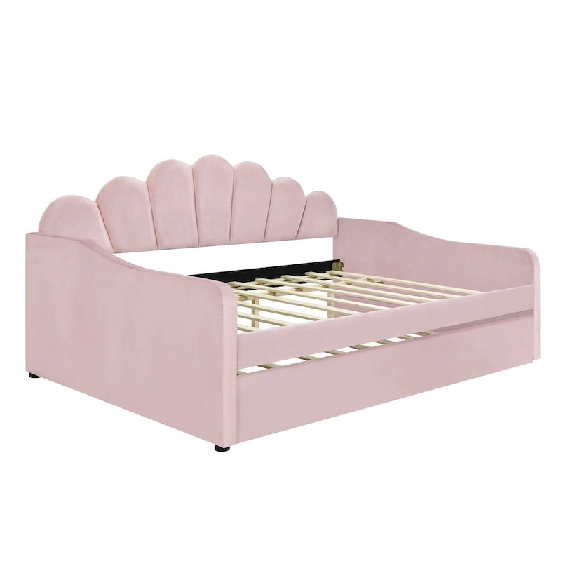 Full Size Daybed Upholstery Frame Sofa Bed with Shell-shape Backrest & Pull-out Trundle, Velvet Sleeper Sofa Bed for Living Room