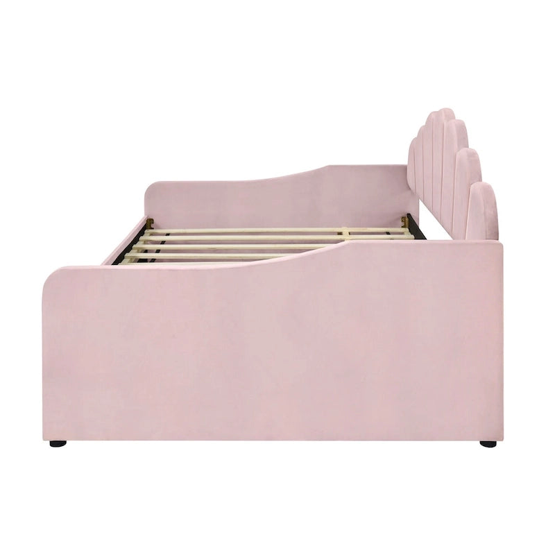Full Size Daybed Upholstery Frame Sofa Bed with Shell-shape Backrest & Pull-out Trundle, Velvet Sleeper Sofa Bed for Living Room