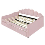 Full Size Daybed Upholstery Frame Sofa Bed with Shell-shape Backrest & Pull-out Trundle, Velvet Sleeper Sofa Bed for Living Room