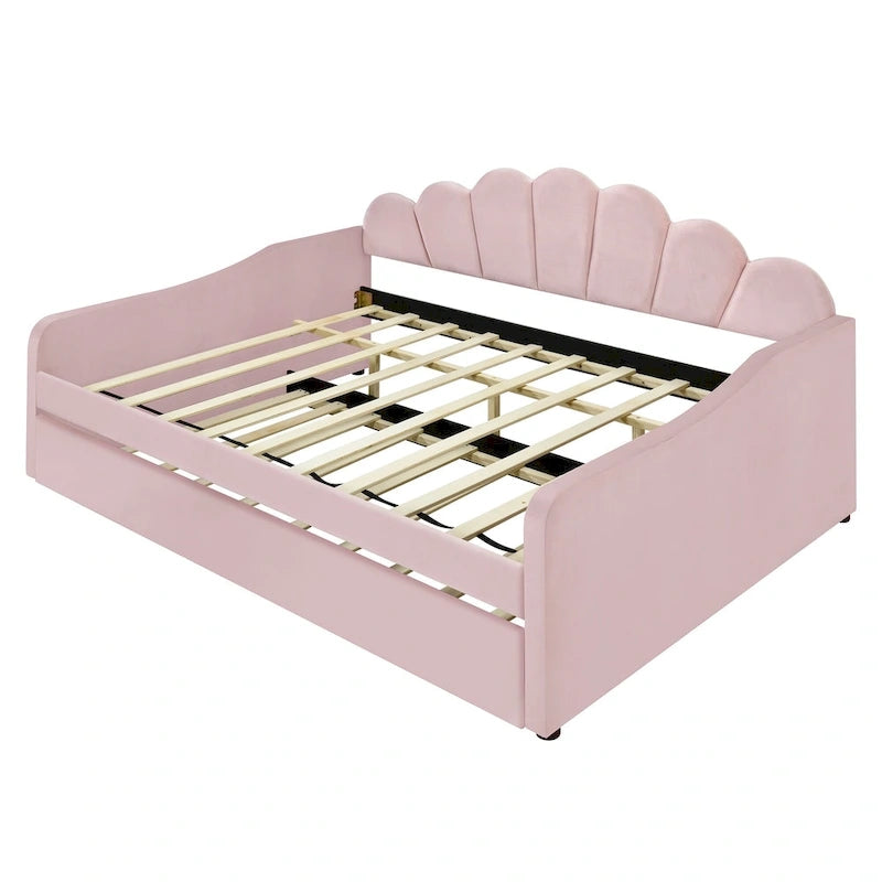 Full Size Daybed Upholstery Frame Sofa Bed with Shell-shape Backrest & Pull-out Trundle, Velvet Sleeper Sofa Bed for Living Room