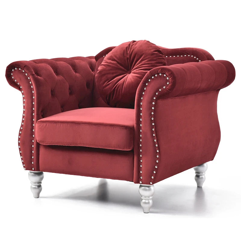 Solid Velvet Accent Chair with Tufted Round Pillow - 39 - Red