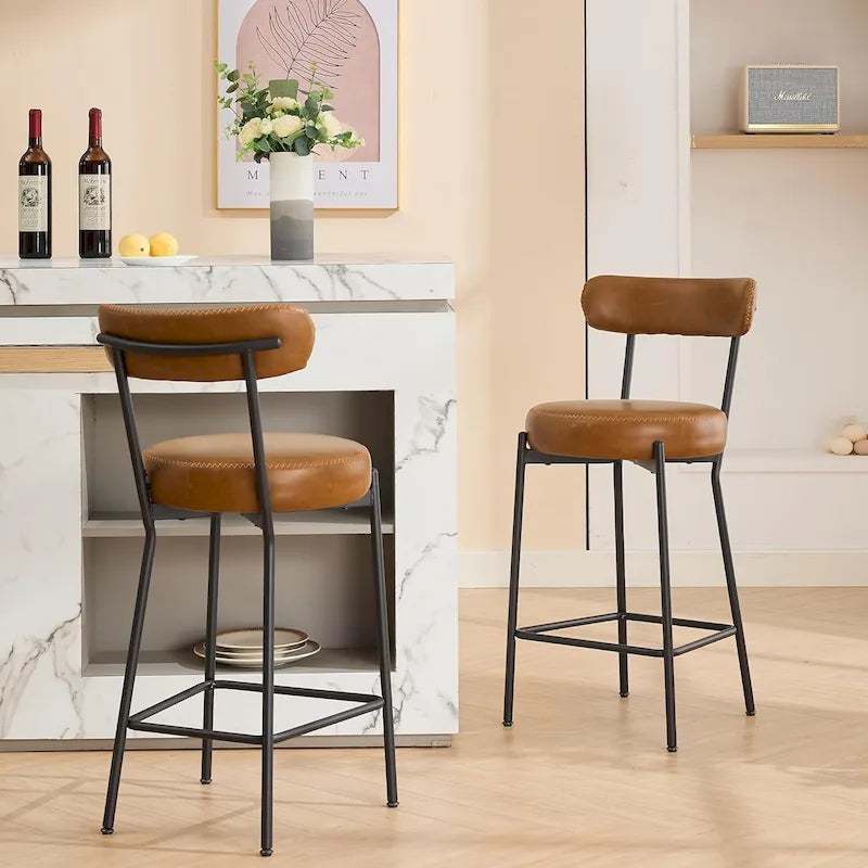 27 moderne Barhocker 2er-Set, Leder-Barhocker mit Rückenlehne & Fußstützen & Metallbeinen