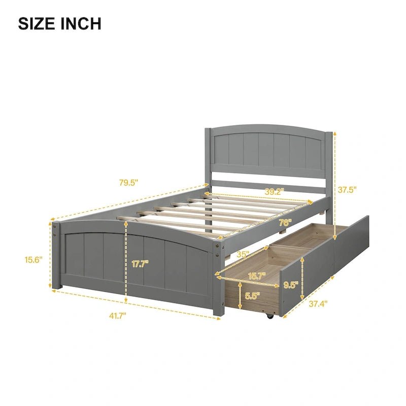 Twin Size Platform Bed with Two Drawers, White
