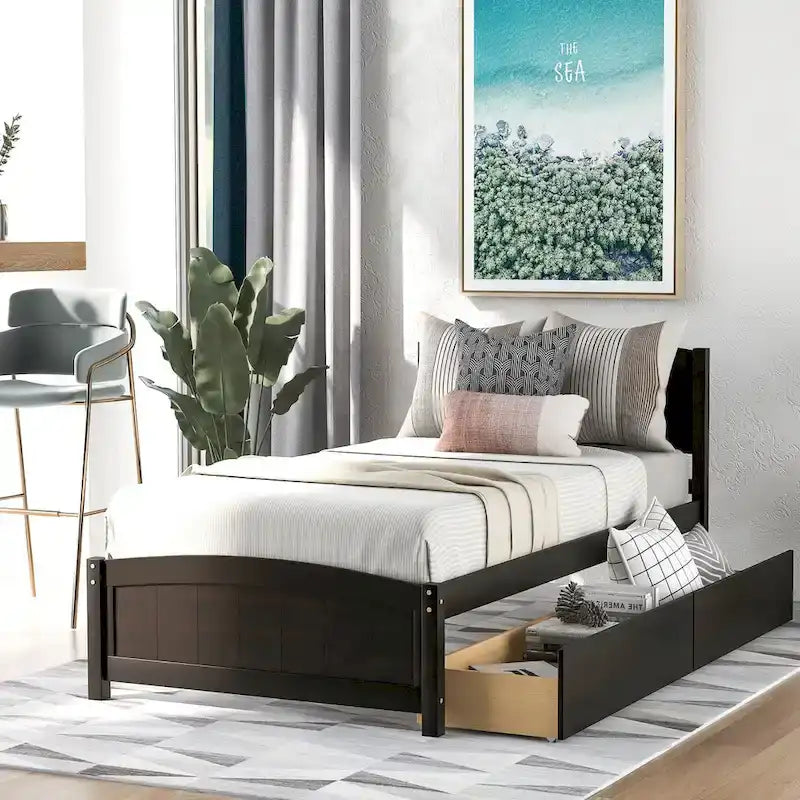 Twin Size Platform Bed with Two Drawers, White