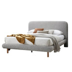 King Size Bed, Curved Edges, Gray Boucle Upholstery, Brown Wood