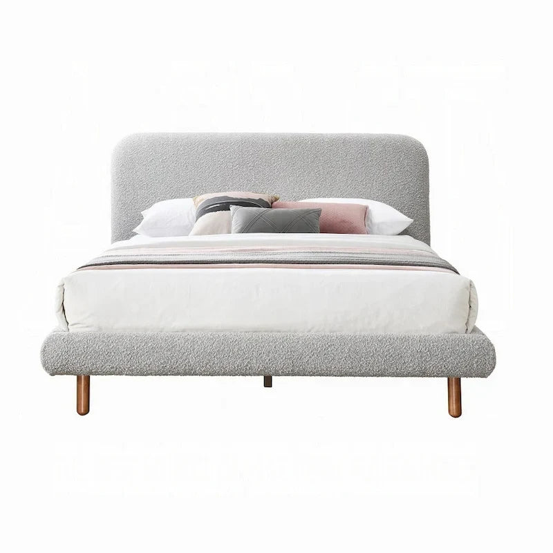 King Size Bed, Curved Edges, Gray Boucle Upholstery, Brown Wood