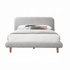 King Size Bed, Curved Edges, Gray Boucle Upholstery, Brown Wood