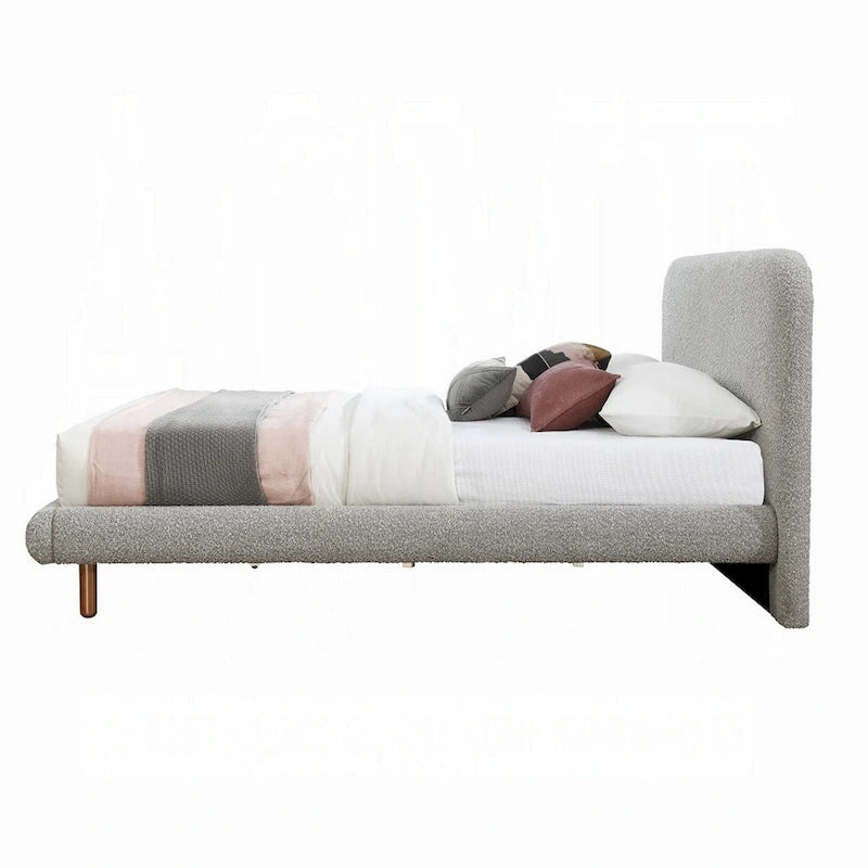 King Size Bed, Curved Edges, Gray Boucle Upholstery, Brown Wood
